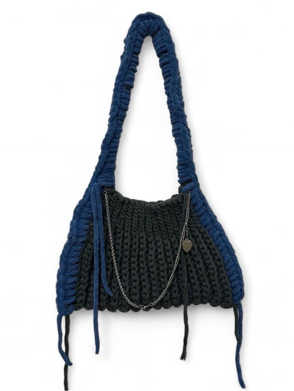 Handmade Crochet Chunky Knit Gray & Blue Dusk Shoulder Hand Bag Purse w/ Chain